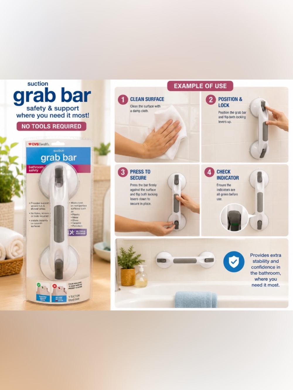CVS Health Suction Grab Bar in White and Gray - No Tools Required
